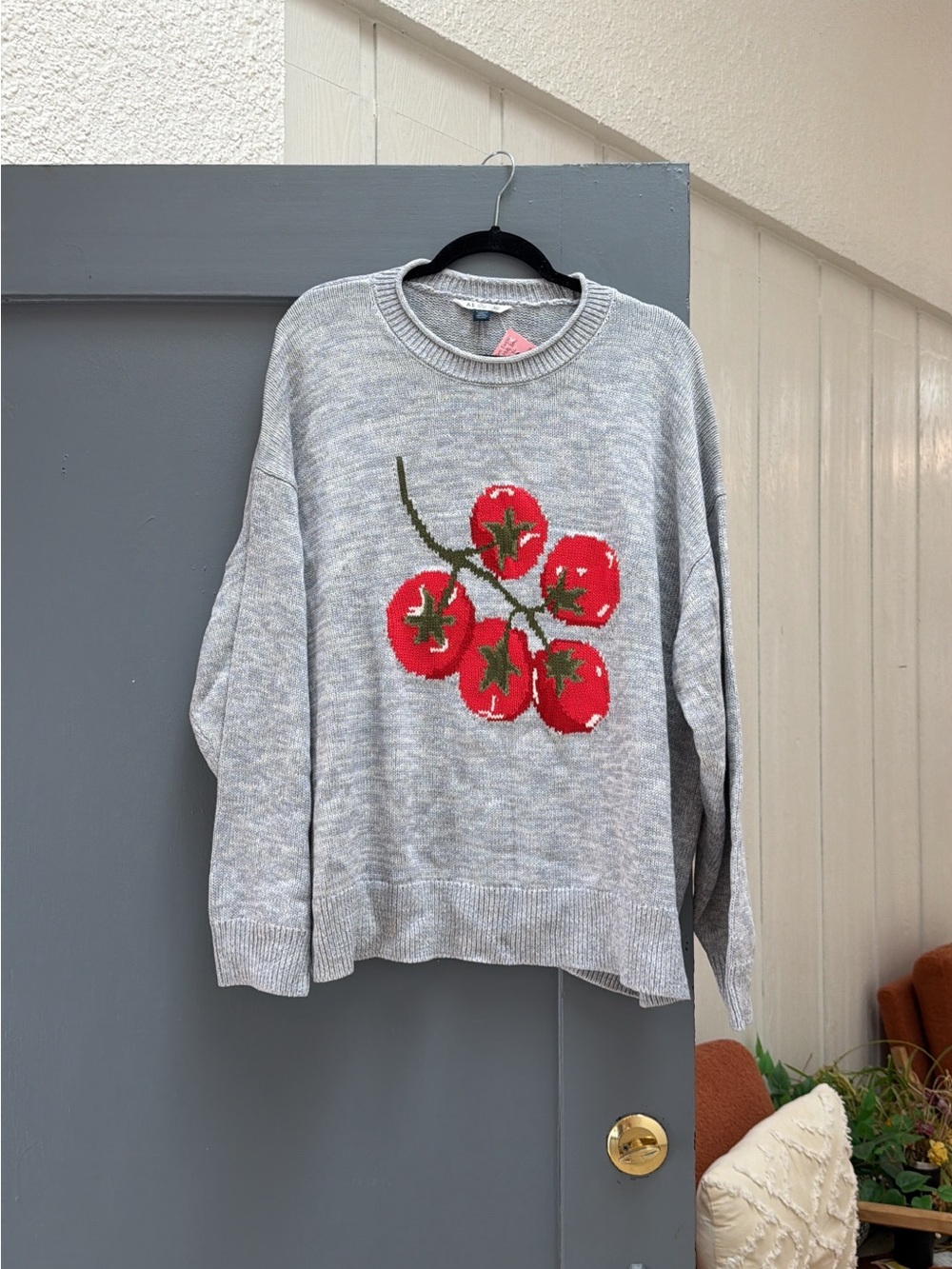 American Eagle Outfitters Gray Crewneck Sweater with Red Tomato Graphic
